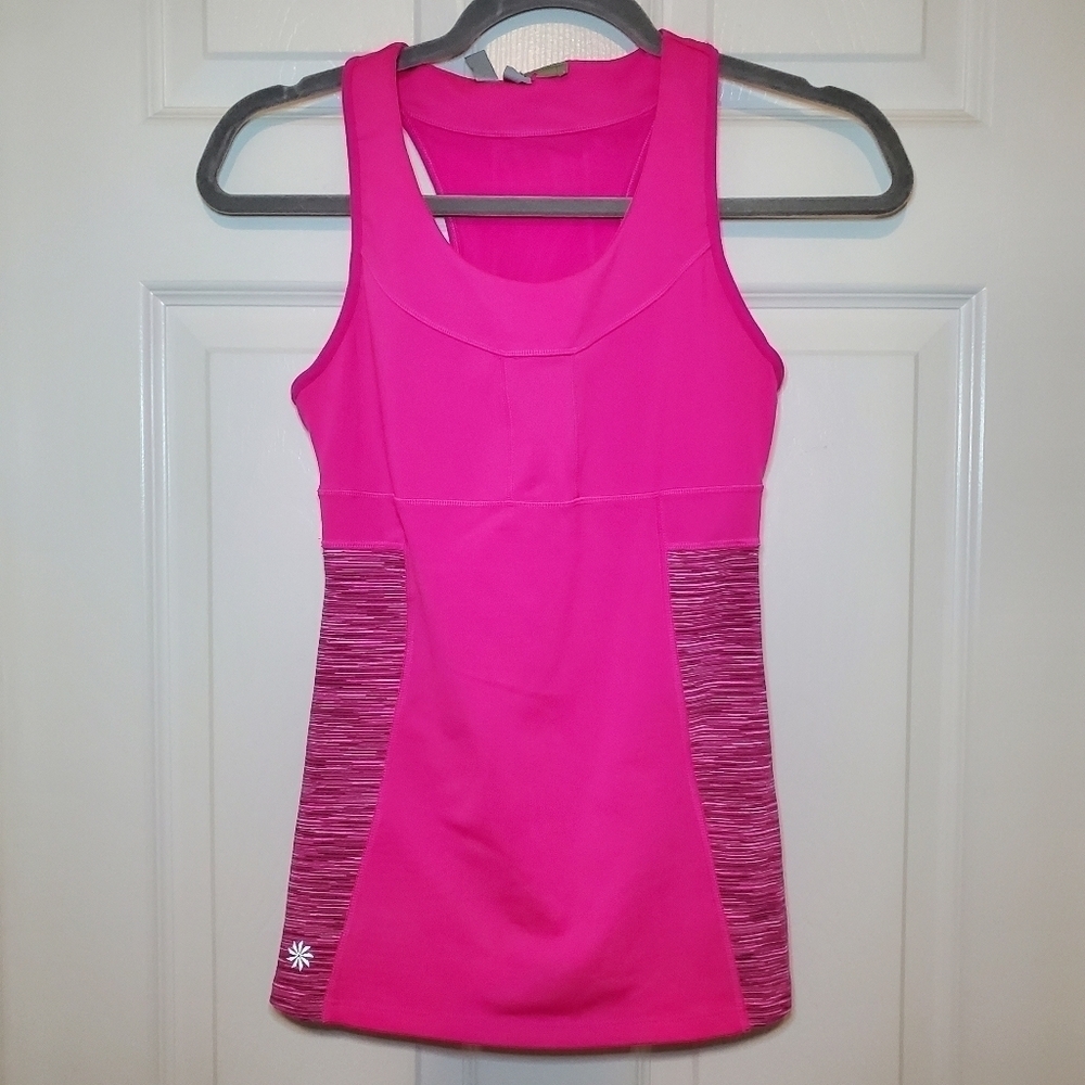 Athleta Racerback Tank Built in bra Mesh panel back pockets Hot Neon Pink Sz XS